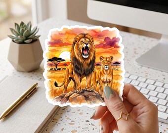 Lion and Lioness Sticker, African Safari Sunset Decal, Wildlife Big Cat , King Animal Gift, Colorful Skies roaring lion brave fierce