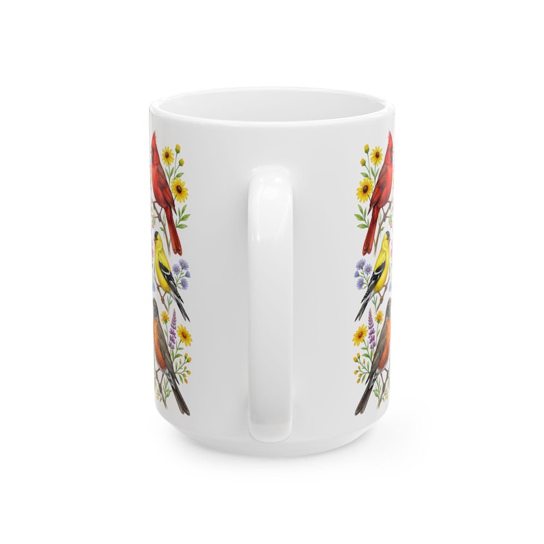 Taza de café con pájaros de jardín, aves cantoras norteamericanas, taza de té, cardenal, jilguero, arrendajo azul, petirrojo, arte floral, regalo para observadores de aves, decoración de primavera y verano imagen 12