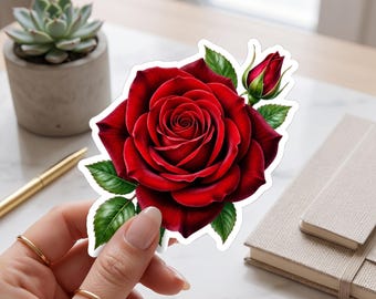 Rode roos sticker, karmozijnrode roos bloemensticker, botanische bloem, romantisch rozen liefdescadeau voor moeder, lerares, verpleegster, vrouw, zus, beste vriendin, oma