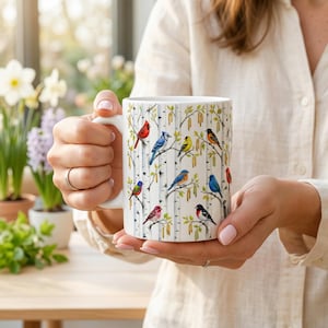Spring Birch Tree & Songbird Cup | Bird Watcher Gift for Mom | Modern Cottagecore Nature Woodland Mug | Tea Lover Watercolor Bird Coffee Mug