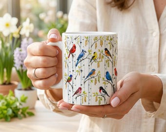 Spring Birch Tree & Songbird Cup | Bird Watcher Gift for Mom | Modern Cottagecore Nature Woodland Mug | Tea Lover Watercolor Bird Coffee Mug