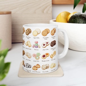 Ilustraciones de galletas, tazas, acuarelas, panaderos, amantes de la comida, chispas de chocolate, macarrones, pan de jengibre, arte de galletas de mantequilla, chef de repostería, arte para golosos.