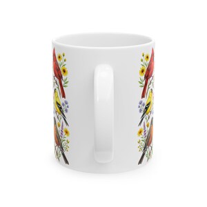 Taza de café con pájaros de jardín, aves cantoras norteamericanas, taza de té, cardenal, jilguero, arrendajo azul, petirrojo, arte floral, regalo para observadores de aves, decoración de primavera y verano imagen 11