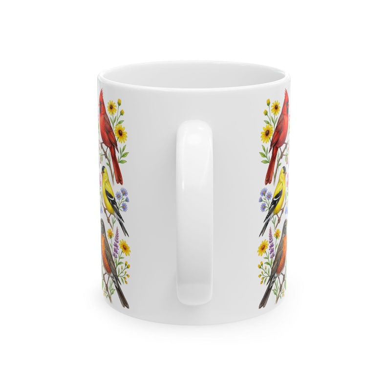 Taza de café con pájaros de jardín, aves cantoras norteamericanas, taza de té, cardenal, jilguero, arrendajo azul, petirrojo, arte floral, regalo para observadores de aves, decoración de primavera y verano imagen 11