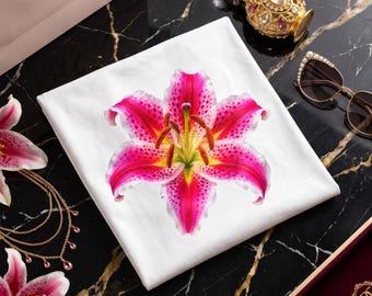 T-shirt met roze Stargazer-lelie, bloemenprint, botanisch T-shirt, vakantiebloemen T-shirt, gepersonaliseerd cadeau voor moeder, lerares, verpleegster, vrouw, zus, vriendin