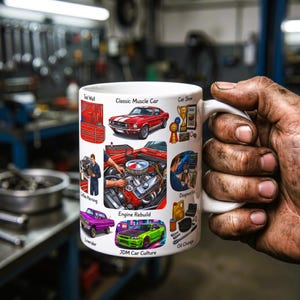 May include: A white ceramic mug featuring colorful illustrations of automotive themes including a red muscle car, an engine rebuild, a purple lowrider, a green JDM car, and various tools with text labels like Tool Wall, Classic Muscle Car, and Oil Change.