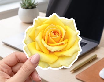Gele roos sticker, gouden roos bloemensticker, botanische bloemsticker, tuinroos cadeau voor laptops, notitieboeken, agenda's, dagboeken.