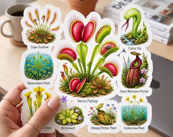 Sticker met vleesetende plant, sticker met Venusvliegenval, sticker met bekerplant, cadeau voor botanische wetenschap, sticker voor plantenliefhebbers, natuursticker