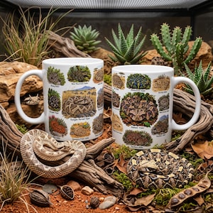 Puede incluir: Dos tazas de cerámica blanca con ilustraciones detalladas de varias especies de víboras y áspides, incluyendo la víbora cornuda de Kenia y la víbora de Gabón, con cada serpiente etiquetada por su nombre en texto negro sobre un hábitat natural.