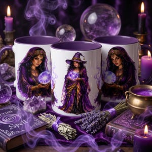 May include: Three white ceramic mugs with purple interiors and handles, each featuring a detailed illustration of a person in purple robes holding a glowing orb. The central mug shows a figure in a pointed hat, while the side mugs show a hooded figure.