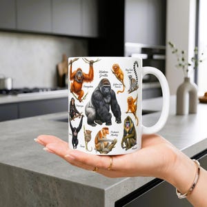 Monkey Coffee Mug, Jungle Wildlife Nature Lover Gift, Animal Zoo Safari Tea Cup, Botanical Primate Art Home Decor Scientific Educational Mug