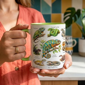 Tazza con rettili, tazza da caffè con lucertola, regalo per amanti dei serpenti, tazza per proprietari di animali esotici con camaleonte, regalo colorato con rettili per adolescenti e adulti