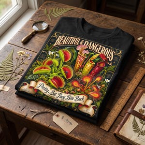 May include: A black t-shirt featuring a colourful graphic of carnivorous plants, including Venus flytraps and pitcher plants. The text reads "BEAUTIFUL & DANGEROUS" and "Pretty, But They Bite Back" along with smaller phrases like "NATURE HAS A SENSE OF HUMOUR."