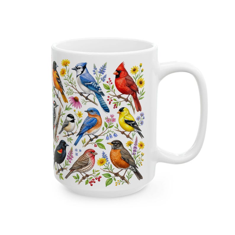Taza de café con pájaros de jardín, aves cantoras norteamericanas, taza de té, cardenal, jilguero, arrendajo azul, petirrojo, arte floral, regalo para observadores de aves, decoración de primavera y verano imagen 8