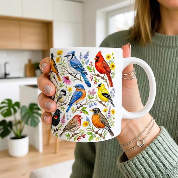 Backyard Birds Coffee Mug North American Songbirds Tea Cup Cardinal Goldfinch Blue Jay Robin Floral Art Birdwatcher Gift Mom Grandma Present