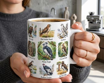 Taza de aves rapaces, taza de café con búho real y halcón, regalo para observadores de aves, taza de arte de vida silvestre con aves rapaces, regalo de arte para amantes de la naturaleza, águila calva y águila pescadora.