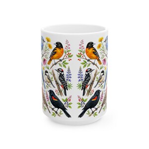 Taza de café con pájaros de jardín, aves cantoras norteamericanas, taza de té, cardenal, jilguero, arrendajo azul, petirrojo, arte floral, regalo para observadores de aves, decoración de primavera y verano imagen 10