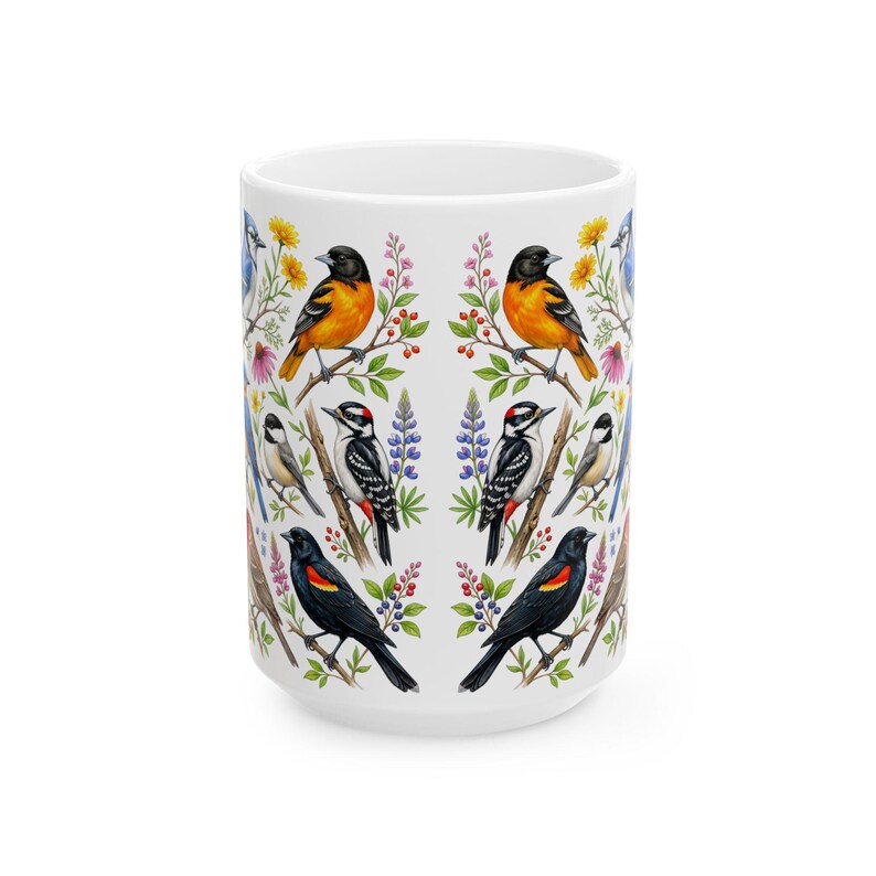 Taza de café con pájaros de jardín, aves cantoras norteamericanas, taza de té, cardenal, jilguero, arrendajo azul, petirrojo, arte floral, regalo para observadores de aves, decoración de primavera y verano imagen 10
