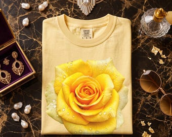 T-shirt met gele roos en gouden bloemenprint, botanisch bloemen-T-shirt, T-shirt met zonnige roos, gepersonaliseerd cadeau voor moeder, lerares, verpleegster, vrouw, zus, beste vriendin.