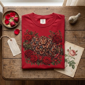 May include: A red t-shirt featuring a graphic print of a coiled snake with a brown and orange patterned scale design, surrounded by deep red roses and green leaves. The shirt has a crew neckline and a Comfort Colors brand label at the inner collar.
