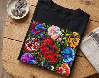 Betta Vis Shirt Kleurrijk Siamese Vechtvis T-shirt Tropisch Aquarium Bloemenprint T-shirt, Gepersonaliseerd Cadeau voor Moeder, Leraar, Verpleegkundige, Oma, Vriendin