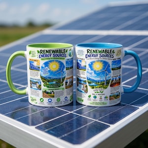 Pode incluir: Duas canecas de cerâmica branca com gráficos educativos sobre fontes de energia renovável. A caneca da esquerda tem uma alça e interior verde-limão, enquanto a da direita tem uma alça e interior azul-claro. Ambas exibem texto e ilustrações de painéis solares, turbinas eólicas, barragens hidrelétricas e energia de biomassa.