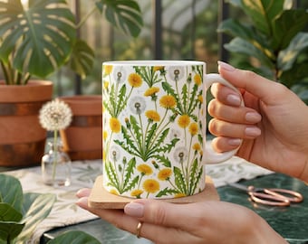 Botanical Dandelion Coffee Mug, Floral Cup, Nature Art Wildflower Mug, Gift for Her Plant Lover, Gardener, Cottagecore Spring Summer Decor