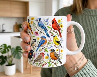 Backyard Birds Coffee Mug North American Songbirds Tea Cup Cardinal Goldfinch Blue Jay Robin Floral Art Birdwatcher Gift Spring Decor