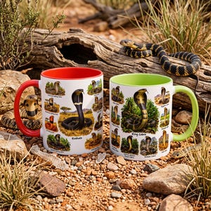 Puede incluir: Dos tazas de cerámica blanca con ilustraciones detalladas de varias especies de cobras. La taza izquierda tiene un asa e interior rojos, etiquetada como Rinkhals. La taza derecha tiene un asa e interior verde lima, etiquetada como King Cobra.