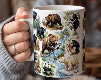 Bear Mug, Wildlife Habitat Coffee Cup, Grizzly Black Polar Panda Bear Gift, Nature Animal Mug, Personalized Gift for Mom Dad Teacher Friend