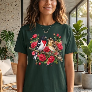 Rose-Breasted Grosbeak T-shirt zangvogel bloemen vogel minnaar cadeau rode roos botanische Tee natuur achtertuin Bird Watcher tuinen moeder oma Tee