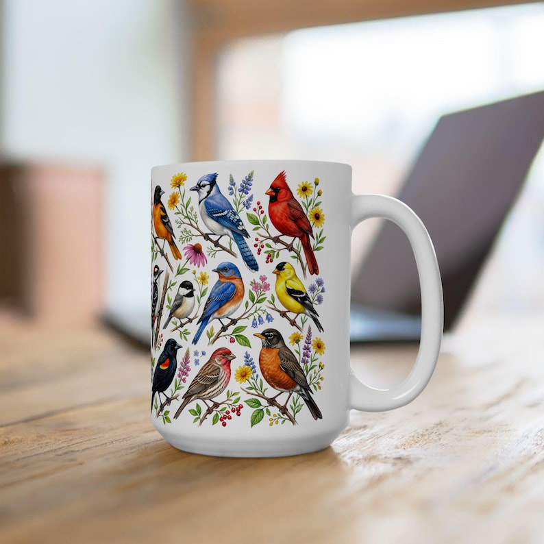 Taza de café con pájaros de jardín, aves cantoras norteamericanas, taza de té, cardenal, jilguero, arrendajo azul, petirrojo, arte floral, regalo para observadores de aves, decoración de primavera y verano imagen 13
