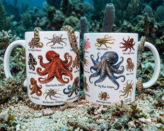 Taza de café con diseño de pulpo, regalo personalizado de biología marina, taza de arte para amantes del océano, taza personalizada de criatura marina, arte educativo del mar profundo azul