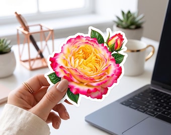 Pink Yellow Rose Sticker, Floral Decal, Romantic Love Flower Sticker, Garden Gift for Mom Teacher Nurse notebook planner journal scrapbooks