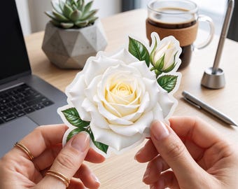 Witte roos sticker, ivoorkleurige bloemensticker, botanische bloemsticker, elegante tuinroos, cadeau voor moeder, lerares, verpleegkundige, notitieboekjes, planners, dagboeken