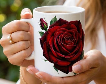 Red Rose Classic Beauty Mug, Floral Coffee Cup Garden Gift, Romantic Anniversary Gift for Wife, Red Flower Girlfriend Gift, Plant Lover Gift