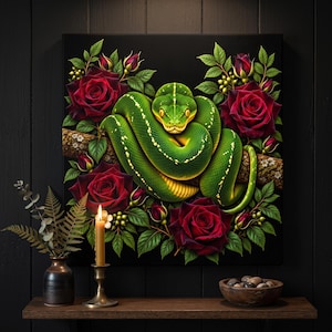 May include: A square wall art print featuring a vibrant green snake coiled on a textured branch, surrounded by deep red roses and green leaves against a black background. The snake has yellow eyes and a yellow-patterned underbelly.