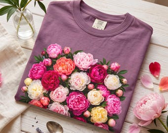 Kleurrijk T-shirt met pioenrozenmotief, roze pioenrozen, botanische tuin-T-shirt, gepersonaliseerd cadeau voor moeder, lerares, oma, verpleegster, vrouw, zus, vriendin