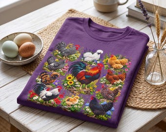 T-shirt met kip/haan, T-shirt met bloemenprint en boerderijkip, cadeau voor een kip in de achtertuin, landelijk T-shirt, gepersonaliseerd cadeau voor mama, juf, oma of vriendin.