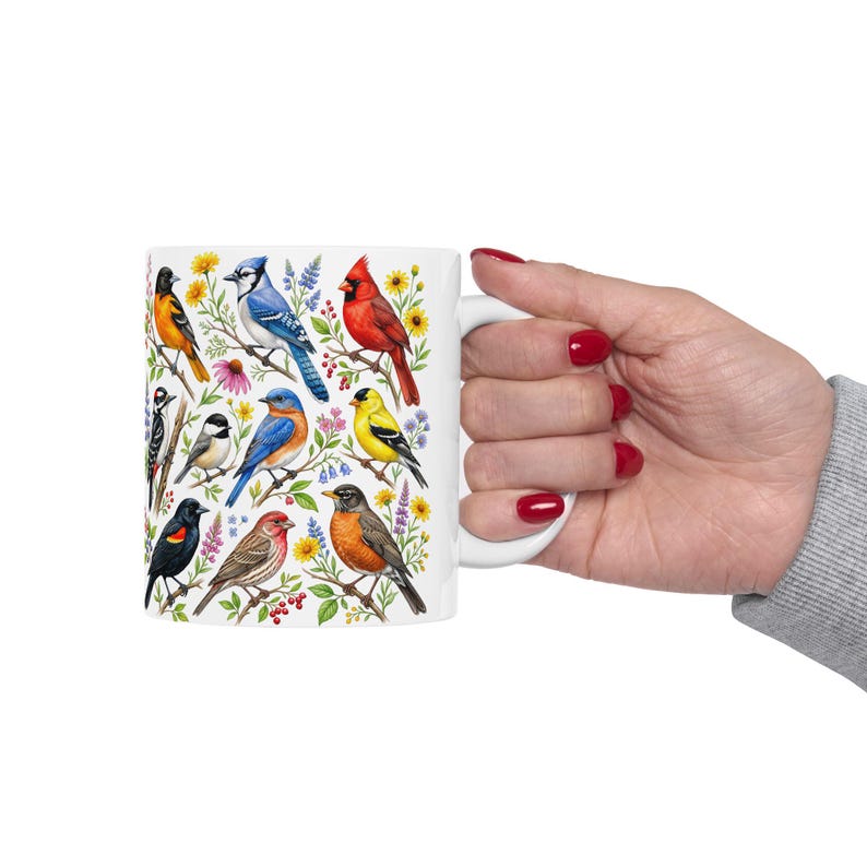 Taza de café con pájaros de jardín, aves cantoras norteamericanas, taza de té, cardenal, jilguero, arrendajo azul, petirrojo, arte floral, regalo para observadores de aves, decoración de primavera y verano imagen 14