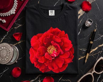 Rode roos, karmozijnrood bloemen T-shirt, botanisch bloemen T-shirt, romantische tuintop, gepersonaliseerd cadeau voor moeder, lerares, verpleegster, vrouw, zus, vriendin