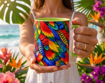 Koffiekopje met tropisch dierenmotief, exotisch verenpatroon, papegaaienveren, woondecoratie, cadeau voor moeder, lerares, verpleegster, vrouw, oma, beste vriendin