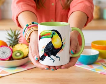 Caneca de Café Tucano, Caneca de Cerâmica com Arte de Ave Tropical, Presente Colorido em Aquarela para Amantes de Animais, Decoração Exótica para Cozinha com Tema da Natureza, Tucano-de-bico-verde
