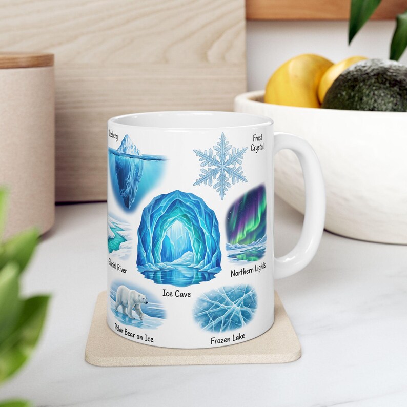 Winter Nature Coffee Mug Northern Light & Polar Bear Frozen Mug Arctic Ice Element Cave Ice Glacial Lake Tea Mug Winter Magic Lover Gift image 2