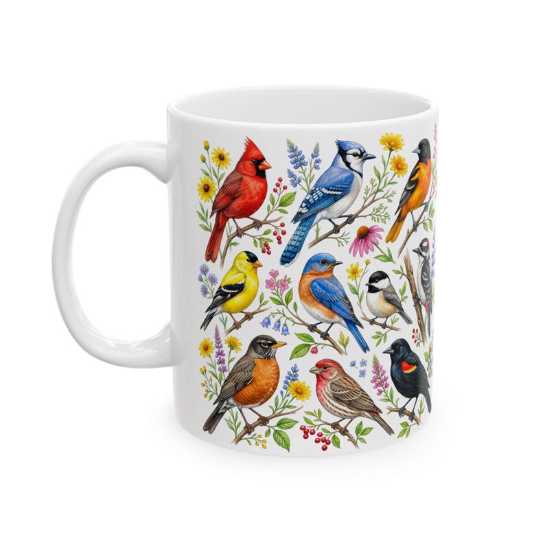 Taza de café con pájaros de jardín, aves cantoras norteamericanas, taza de té, cardenal, jilguero, arrendajo azul, petirrojo, arte floral, regalo para observadores de aves, decoración de primavera y verano imagen 5