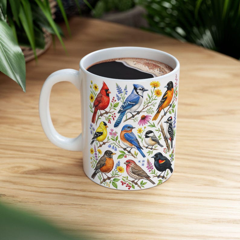 Taza de café con pájaros de jardín, aves cantoras norteamericanas, taza de té, cardenal, jilguero, arrendajo azul, petirrojo, arte floral, regalo para observadores de aves, decoración de primavera y verano imagen 3