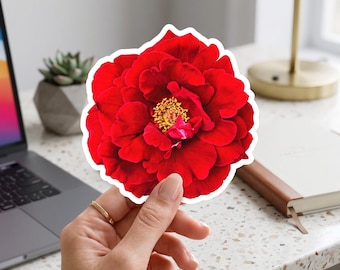 Rode camelia bloem sticker, karmozijnrode roos, klaproos bloemen sticker, botanische bloemen sticker, tuinbloemen cadeau voor moeder, lerares, verpleegster, vrouw, vriendin