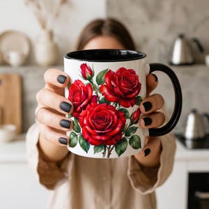 Deep Red Rose Watercolor Mug, Floral Coffee Cup, Botanical Garden Gift for Her, Ruby Red Flower Art, Elegant Nature Inspired Spring Easter