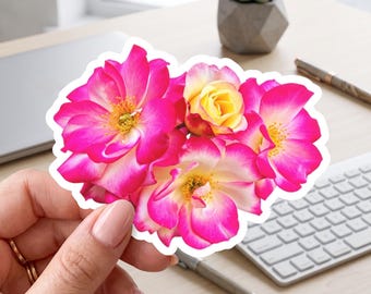 Pink Rose Sticker, Yellow Hot Pink Floral Decal, Rose Garden Flower Sticker, Botanical Gift for Mom Teacher Nurse notebook planners, journal