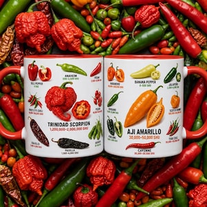 Puede incluir: Dos tazas de cerámica blanca con bordes y asas rojas, que presentan una tabla detallada de identificación de chiles. El diseño muestra varios chiles como el Trinidad Scorpion y el Aji Amarillo con sus nombres y niveles de calor Scoville.